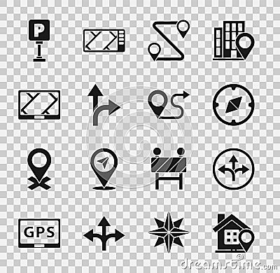 Set Location with house, Road traffic sign, Compass, Route location, Gps device map, Parking and icon. Vector Vector Illustration