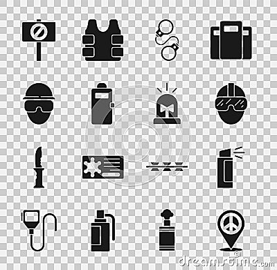 Set Location peace, Pepper spray, Special forces soldier, Handcuffs, Police assault shield, Protest and Flasher siren Vector Illustration