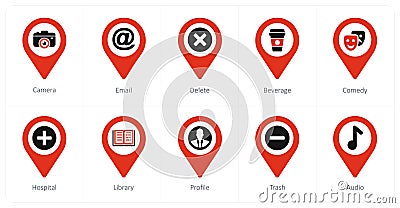 A set of 10 Location Pointer icons as camera, email, delete Stock Photo
