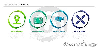 Set Location, Suitcase, Airship and Plane propeller. Business infographic template. Vector Vector Illustration