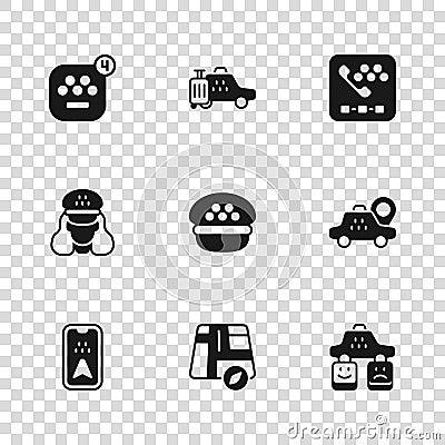 Set Location taxi car, Taxi service rating, driver cap, call telephone, mobile app, and icon. Vector Stock Photo