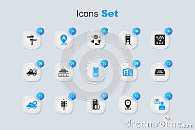 Set Location taxi car, Taxi service rating, driver, roof, Road traffic sign and mobile app icon. Vector Vector Illustration