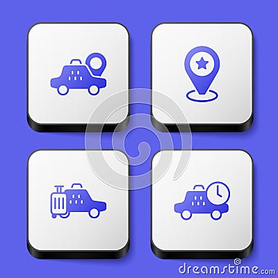 Set Location taxi car, with star, Taxi and waiting time icon. White square button. Vector Vector Illustration