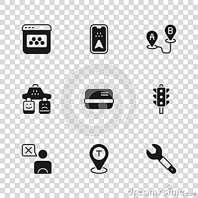 Set Location taxi car, Traffic light, Wrench spanner, Credit card, Route location, Taxi mobile app, Infographic of city Vector Illustration