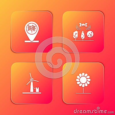 Set Location and tree, Smart farm with drone, Wind turbine and Flower icon. Vector Vector Illustration