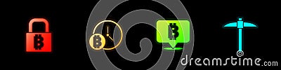 Set Lock with bitcoin, Bitcoin clock, and Pickaxe icon. Vector Vector Illustration