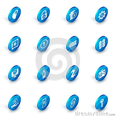 Set Lock with bitcoin, Cryptocurrency Bitcoin, Safe, Monitor and Ethereum ETH, Blockchain technology and Mining farm Vector Illustration