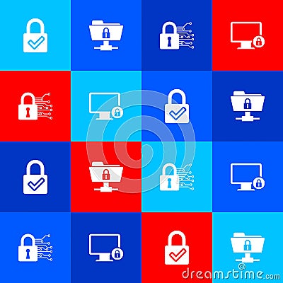Set Lock and check mark, FTP folder lock, Cyber security and on monitor icon. Vector Vector Illustration