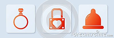 Set Lock and heart, Diamond engagement ring and Condom. White square button. Vector Vector Illustration