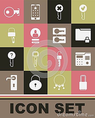 Set Lock, House intercom system, Folder and lock, Wrong key, Create account screen, picks for picking, Key and Casting Stock Photo