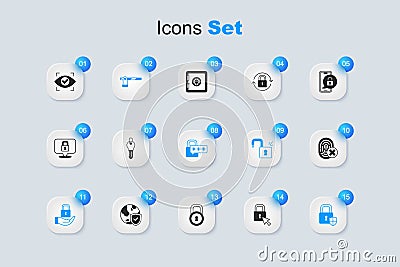 Set Lock, Key, Parking car barrier, Shield security with lock, Cancelled fingerprint, Eye scan and Cyber icon. Vector Stock Photo