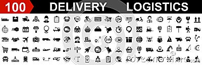 Set 100 logistics icons, delivery, global logistic, package, transportation, shipping signs collection â€“ vector Vector Illustration