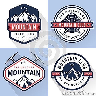 Set of logo, badges, banners, emblem for mountain, hiking, camping, expedition and outdoor adventure. Exploring nature. Vector Illustration