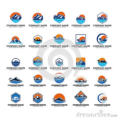 Set logo design mountains rivers and sun Vector Illustration