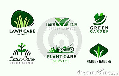 Set of Logo Garden and Lawn Care Service. Gardening Company Icons, Plants Care, Lawn Mower in Park, Nature Eco Village Vector Illustration