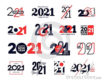 Set of logo 2021 Happy New Year signs. Big collection of 2021 Happy New Year symbols. Greeting card artwork, brochure template. Vector Illustration