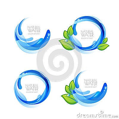 Set of logo, icon design elements with natural clean water drops and green leaves. Vector Illustration