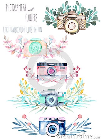 Set of logo mockups with watercolor cameras and floral elements Stock Photo