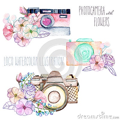 Set of logo mockups with watercolor cameras and floral elements Stock Photo