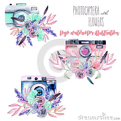 Set of logo mockups with watercolor cameras and floral elements Stock Photo