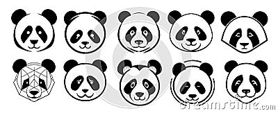 Set of logo panda portrait hand drawn sketch Vector illustration, Wild animals Cartoon Illustration