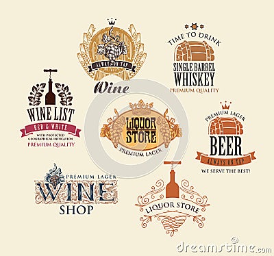 Set of logos for alcoholic drinks in vintage style Vector Illustration