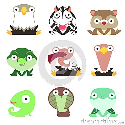 Set of logos with animals. Eagle, Zebra, mongoose, crocodile, vulture, ostrich, chameleon, Cobra and turtle isolated on white Vector Illustration