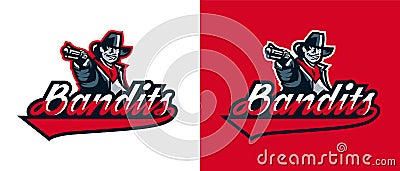 A set of logos of a cowboy shooting from a revolver. Wild west, bandits, sheriff, crime. Mascot, sticker, emblem Vector Illustration