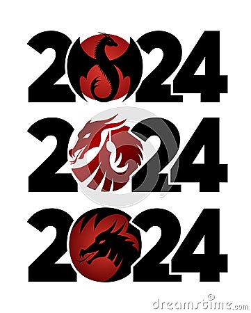 Set of logos 2024 with dragons. Icon with the symbol of the year. Simple, modern, and concise design Vector Illustration