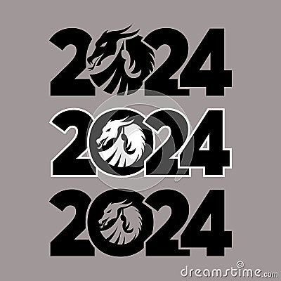 Set of logos 2024 with dragons. Icon with the symbol of the year. Simple, modern, and concise design. Vector Illustration