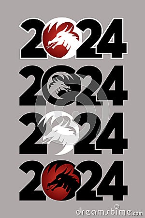 Set of logos 2024 with dragons. Icon with the symbol of the year. Simple, modern, and concise design Vector Illustration