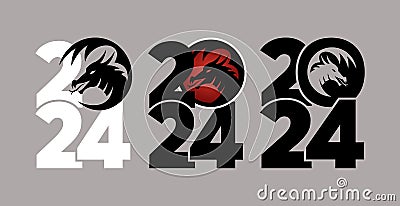 Set of logos 2024 with dragons. Icon with the symbol of the year. Simple, modern, and concise design. Vector Illustration