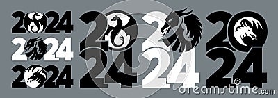 Set of logos 2024 with dragons. Icon with the symbol of the year. Simple and modern design. Vector Illustration