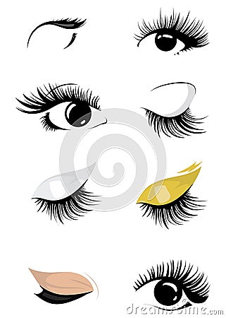 Set of logos of eyelashes. Collection of stylized women eyes with makeup. Logo for eyelash extension. Vector Illustration