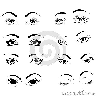 Set of logos of eyelashes. Collection of stylized women`s eyes with makeup. Logo for eyelash extension. Vector Illustration