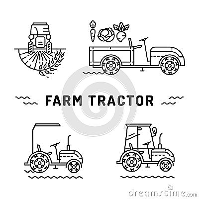 Set logos farm tractor line art style Agriculture machines vector Vector Illustration