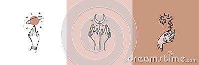 Set of logos of female hands, linear drawing. Vector design templates with different hand gestures, moon, crescent moon, stars, Stock Photo