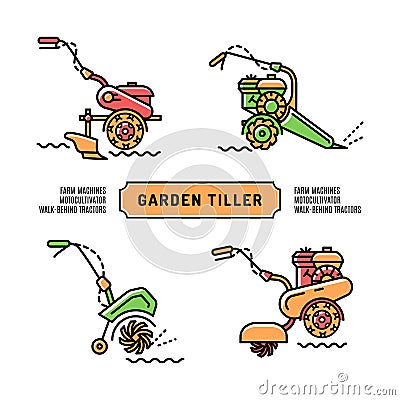 Set logos Garden Tiller thin line art style Agriculture machines Vector Illustration