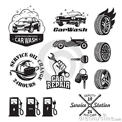 Set of logos and icons relating to service station car: oil chan Vector Illustration
