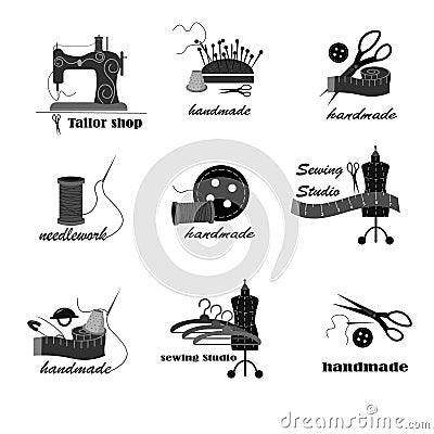 Set with logos, icons of sewing tools. Sewing machine, mannequin, buttons and needles, spools of thread and pins. Vector Illustration
