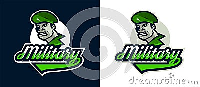 A set of logos of a military man in a beret, a soldier. Defender of the country, warrior. Logo, emblem, sticker, mascot Vector Illustration