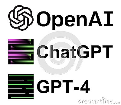 Set of logos OpenAI artificial intelligence systems, such as: ChatGPT and GPT-4. OpenAI is American artificial Vector Illustration