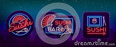 Set of logos, signs in neon style on sushi, Japanese food, seafood. A collection of bright luminous signs, advertising a Vector Illustration