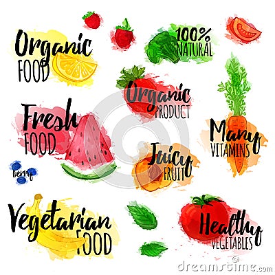 Set of logos, stamps, badges, labels for natural products, healthy food, organic. Fruit, berry and vegetable elements Vector Illustration