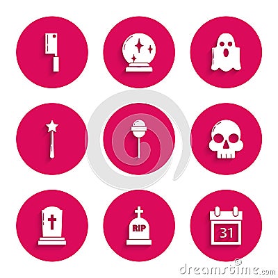 Set Lollipop, Tombstone with RIP, Calendar Halloween date 31 october, Skull, cross, Magic wand, Ghost and Meat chopper Vector Illustration