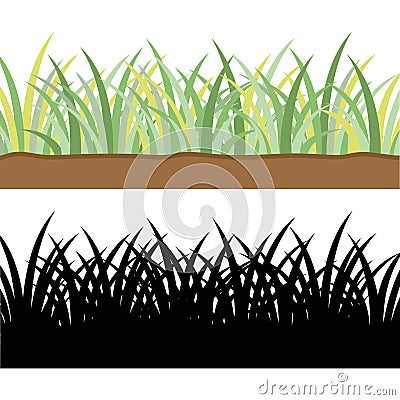 Set of long green grass fresh ground and solid black silhouettes grass on white background vector Vector Illustration