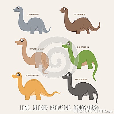 Set of Long necked browsing dinosaurs Vector Illustration