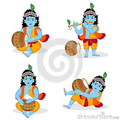 Set of lord krishna different posses character Illustration, happy Krishna janmashtami birthday of lord krishna, festival of india Vector Illustration
