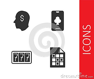 Set Lottery ticket, Lucky player, Slot machine with jackpot and Online poker table game icon. Vector Vector Illustration