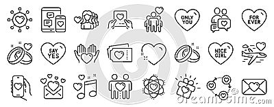 Set of Love icons, such as Marriage rings, Hold heart, Nice girl. Vector Vector Illustration